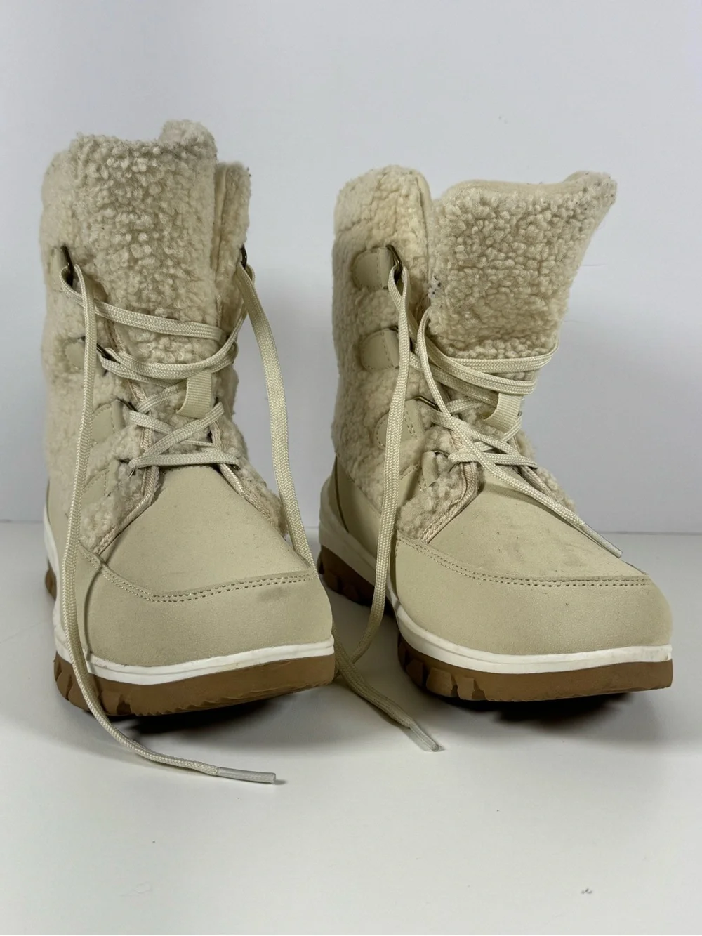 Target Women's Sherpa Lace-Up Winter Boots in Cream and Brown